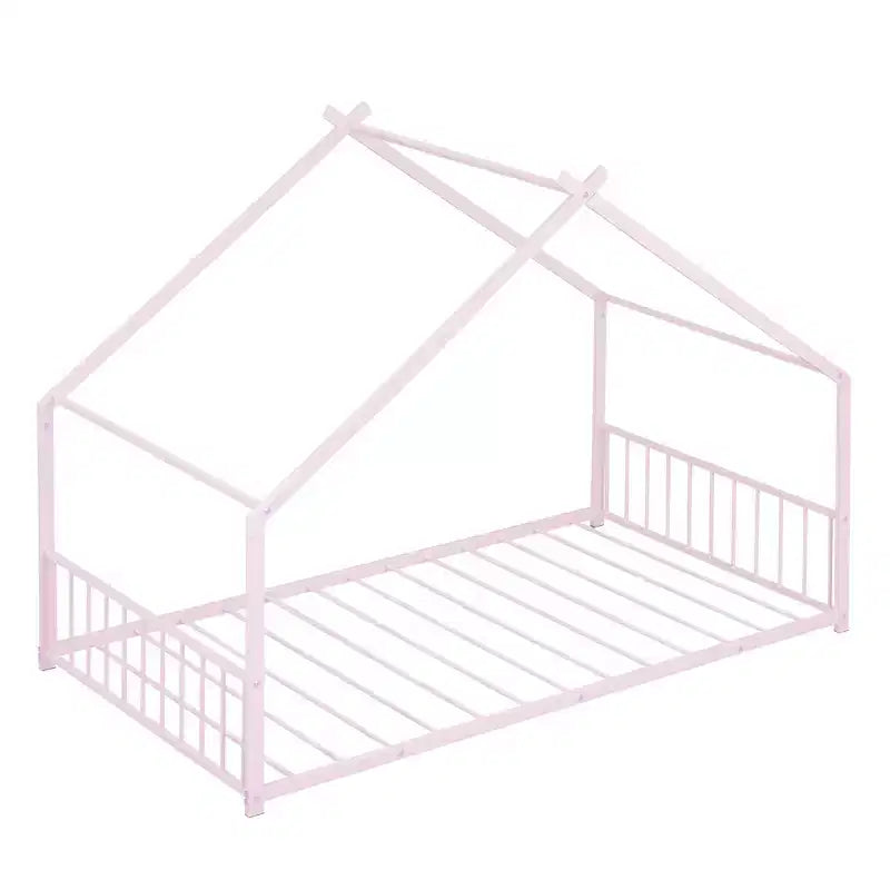 Okak Letto a Piattaforma Matrimoniale con Cassetti, Letto Matrimoniale per Bambini, Letto a Piattaforma in Metallo a Forma di Casa con Rotelle Estraibili, Rosa