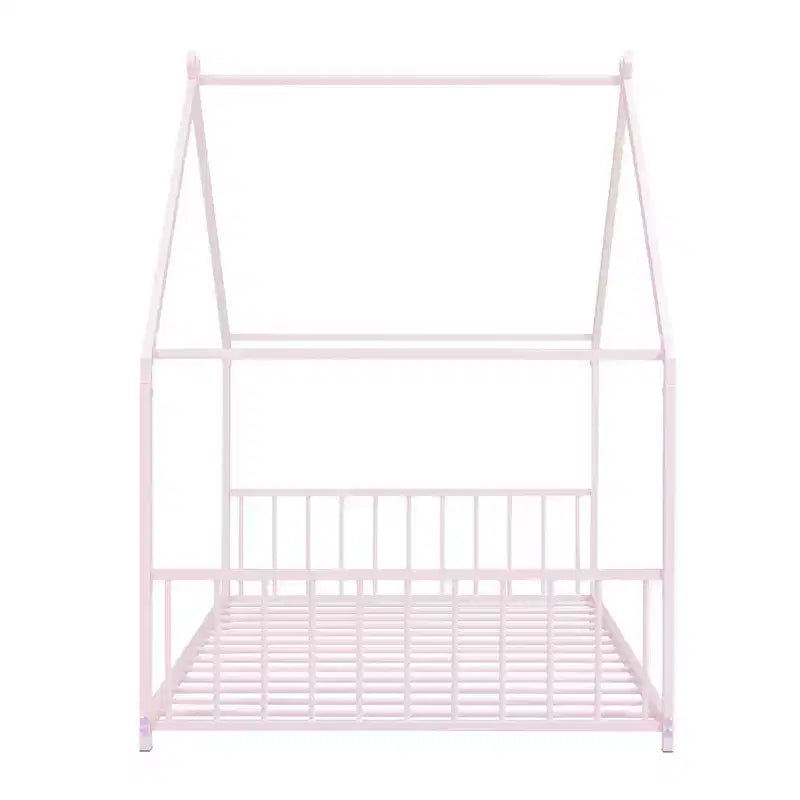 Okak Letto a Piattaforma Matrimoniale con Cassetti, Letto Matrimoniale per Bambini, Letto a Piattaforma in Metallo a Forma di Casa con Rotelle Estraibili, Rosa