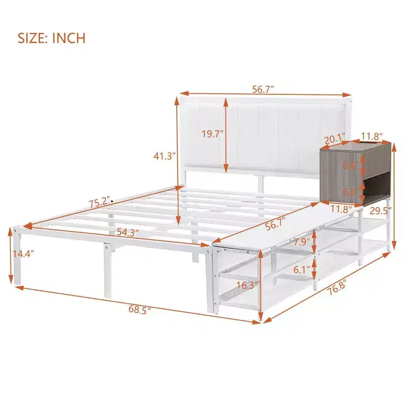Struttura letto matrimoniale Okak con ripiani portaoggetti a due livelli, letto a piattaforma in metallo di dimensioni complete con armadietto portaoggetti in legno per camera da letto, soggiorno, bianco