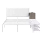 Struttura letto matrimoniale Okak con ripiani portaoggetti a due livelli, letto a piattaforma in metallo di dimensioni complete con armadietto portaoggetti in legno per camera da letto, soggiorno, bianco