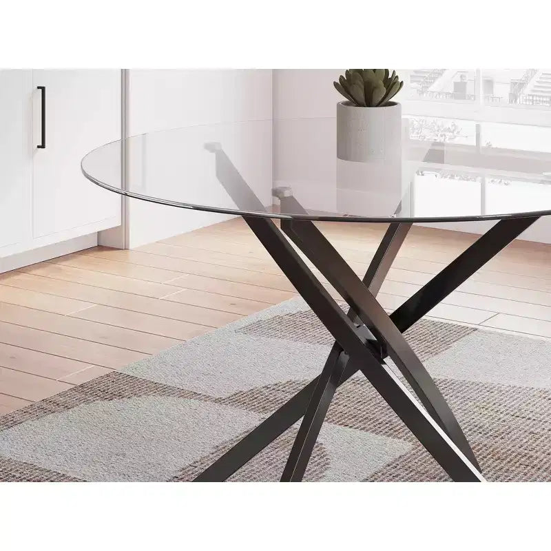 Signature Design by Ashley Tavolo da pranzo rotondo in vetro Pharwynn - Base moderna in metallo nero - Diametro 106,68 cm