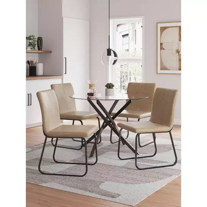 Signature Design by Ashley Tavolo da pranzo rotondo in vetro Pharwynn - Base moderna in metallo nero - Diametro 106,68 cm