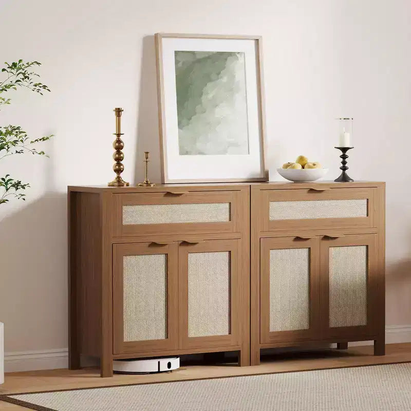 Credenza da Buffet con 2 Ante e Cassetto, Ampia Credenza Rattan per Tavolo da Caffè con Ripiani Regolabili, Tavolo per Caffetteria per Cucina