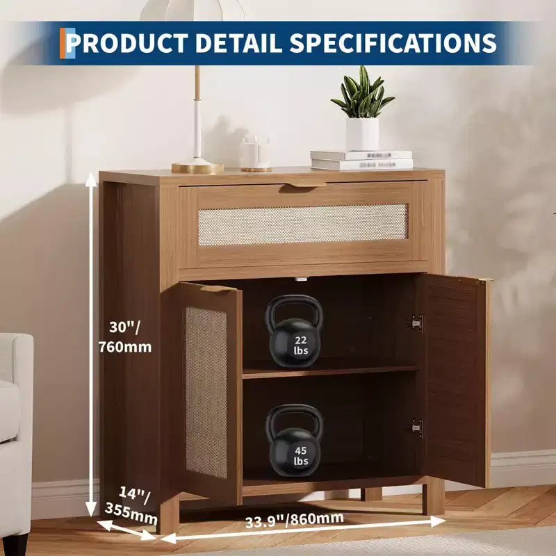 Credenza da Buffet con 2 Ante e Cassetto, Ampia Credenza Rattan per Tavolo da Caffè con Ripiani Regolabili, Tavolo per Caffetteria per Cucina
