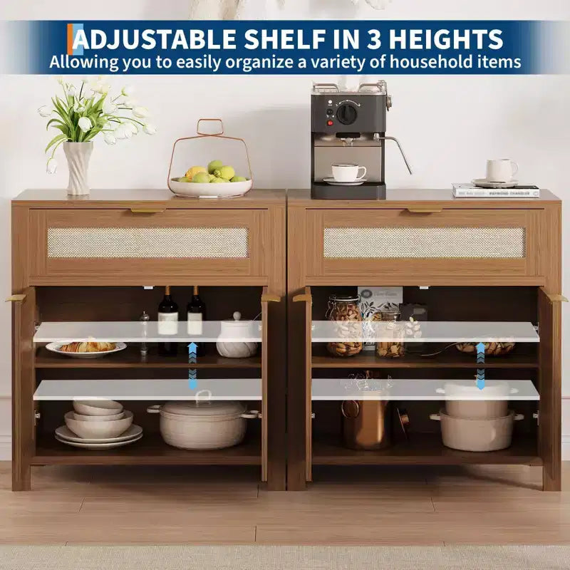 Credenza da Buffet con 2 Ante e Cassetto, Ampia Credenza Rattan per Tavolo da Caffè con Ripiani Regolabili, Tavolo per Caffetteria per Cucina