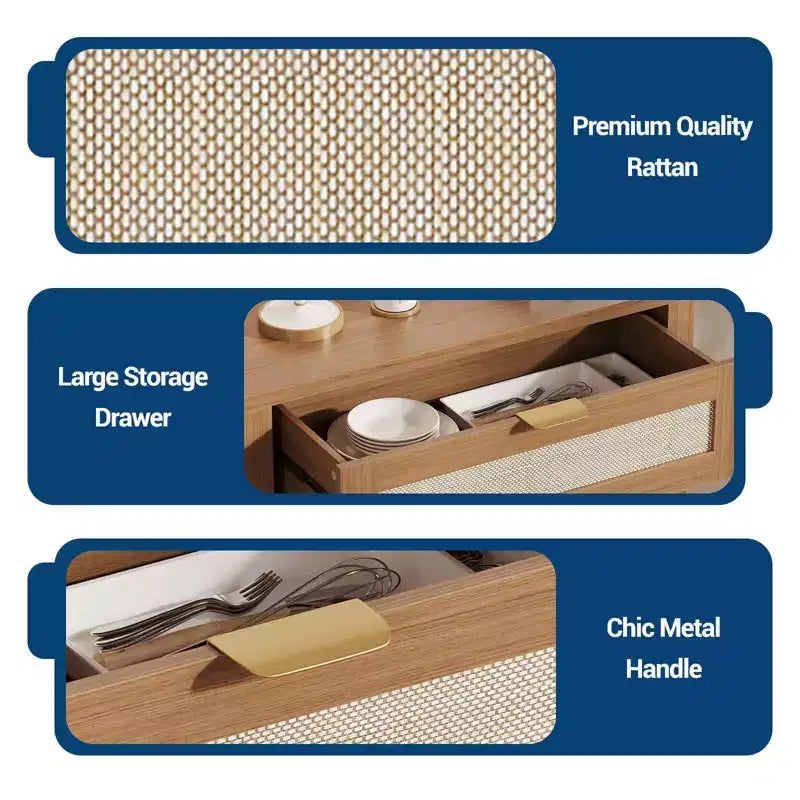 Credenza da Buffet con 2 Ante e Cassetto, Ampia Credenza Rattan per Tavolo da Caffè con Ripiani Regolabili, Tavolo per Caffetteria per Cucina