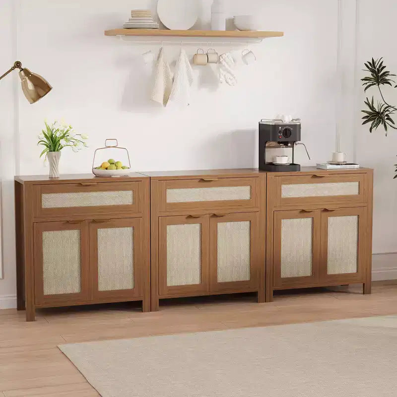 Credenza da Buffet con 2 Ante e Cassetto, Ampia Credenza Rattan per Tavolo da Caffè con Ripiani Regolabili, Tavolo per Caffetteria per Cucina