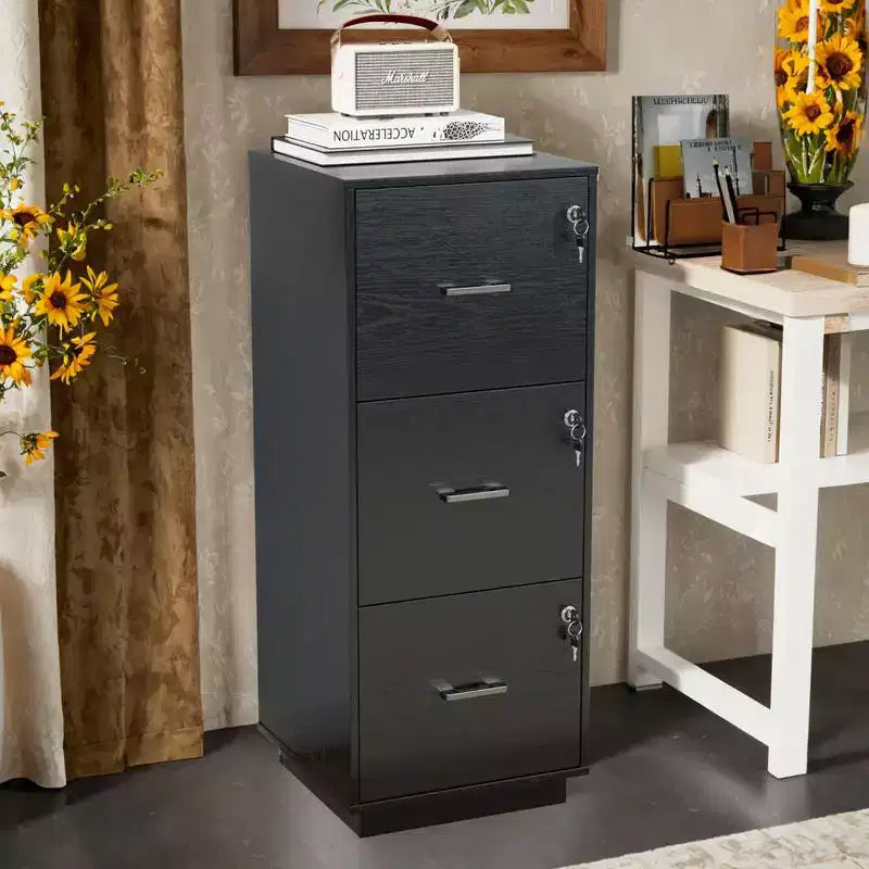 Karl Home 3-Drawer Black MDF 15.35in. W Vertical File Cabinet