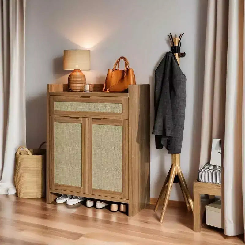 32 Mobile Scarpiera in Rattan con Ripostiglio, Organizzatore di Scarpe a 5 Livelli, Armadietti con Mensole e Ante