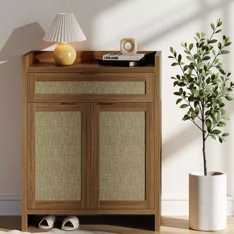 32 Mobile Scarpiera in Rattan con Ripostiglio, Organizzatore di Scarpe a 5 Livelli, Armadietti con Mensole e Ante