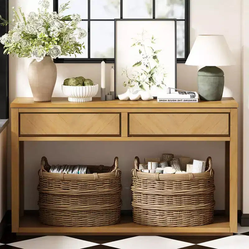 55 Tavolino Console, Tavolo d'ingresso rustico in legno con cassetti e ripiano aperto, Elegante Tavolino da divano per corridoio e soggiorno (Naturale)