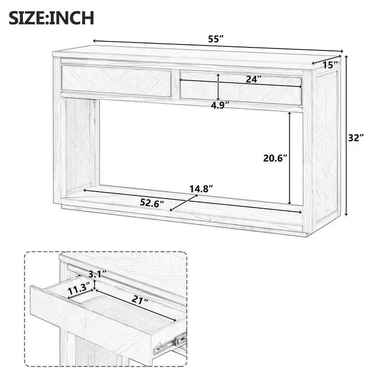 55 Tavolino Console, Tavolo d'ingresso rustico in legno con cassetti e ripiano aperto, Elegante Tavolino da divano per corridoio e soggiorno (Naturale)