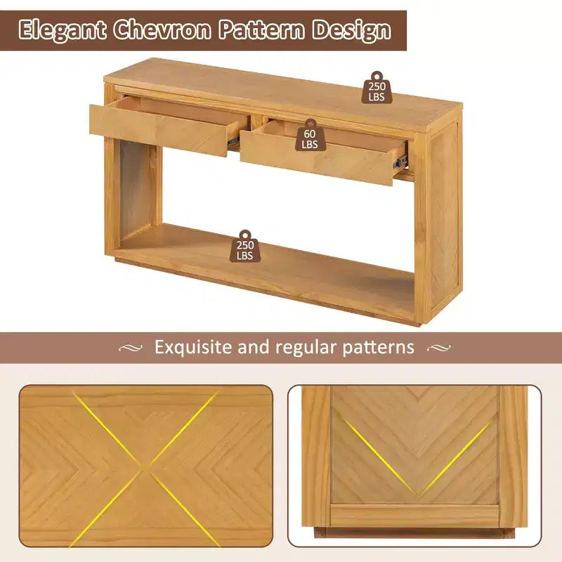 55 Tavolino Console, Tavolo d'ingresso rustico in legno con cassetti e ripiano aperto, Elegante Tavolino da divano per corridoio e soggiorno (Naturale)