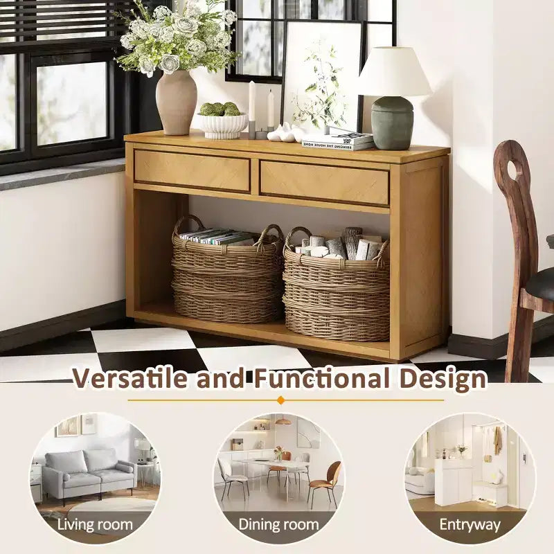 55 Tavolino Console, Tavolo d'ingresso rustico in legno con cassetti e ripiano aperto, Elegante Tavolino da divano per corridoio e soggiorno (Naturale)