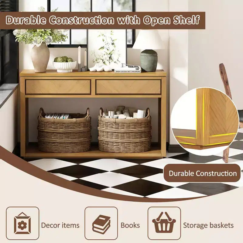 55 Tavolino Console, Tavolo d'ingresso rustico in legno con cassetti e ripiano aperto, Elegante Tavolino da divano per corridoio e soggiorno (Naturale)