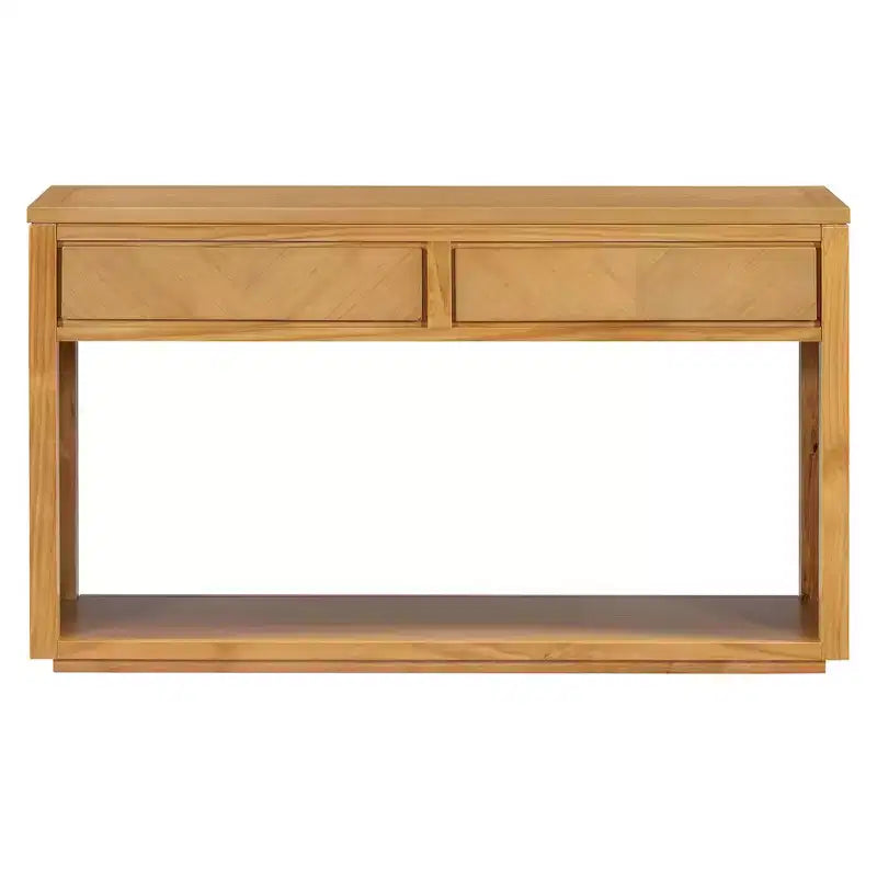 55 Tavolino Console, Tavolo d'ingresso rustico in legno con cassetti e ripiano aperto, Elegante Tavolino da divano per corridoio e soggiorno (Naturale)