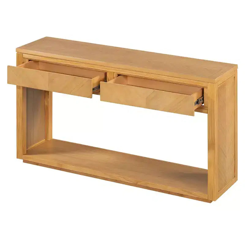 55 Tavolino Console, Tavolo d'ingresso rustico in legno con cassetti e ripiano aperto, Elegante Tavolino da divano per corridoio e soggiorno (Naturale)