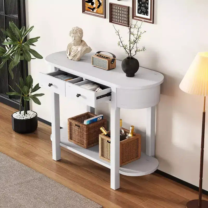 Elegante Consolle Retro dal Design Curvo e Finitura Liscia per Ingressi, Soggiorni e Corridoi (Bianco Antico)