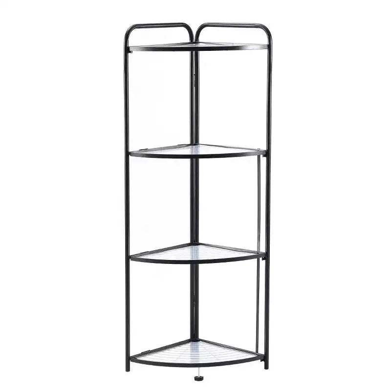 J&V TEXTILES Foldable 4 Tier Corner Shelf, Metal Corner Plant Stand with Black Frame and Transparent Shelves, Corner Display Rack