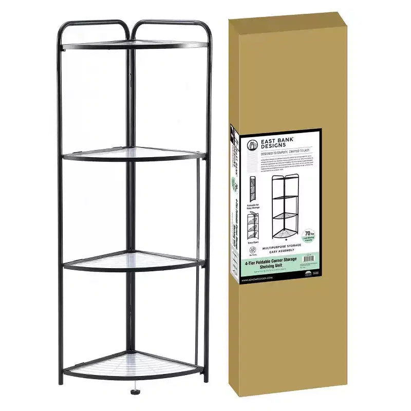 J&V TEXTILES Scaffale angolare pieghevole a 4 ripiani, porta piante angolare in metallo con struttura nera e ripiani trasparenti, espositore angolare
