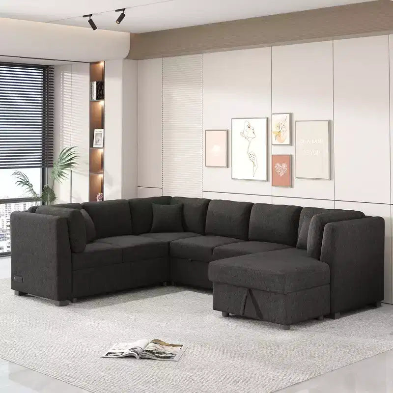 Divano Letto Sezionale a U Whisen 108.6 con Porte USB, Prese di Corrente e Contenitore
