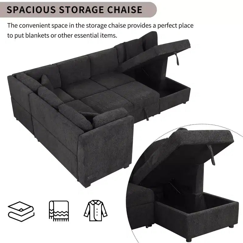 Divano Letto Sezionale a U Whisen 108.6 con Porte USB, Prese di Corrente e Contenitore