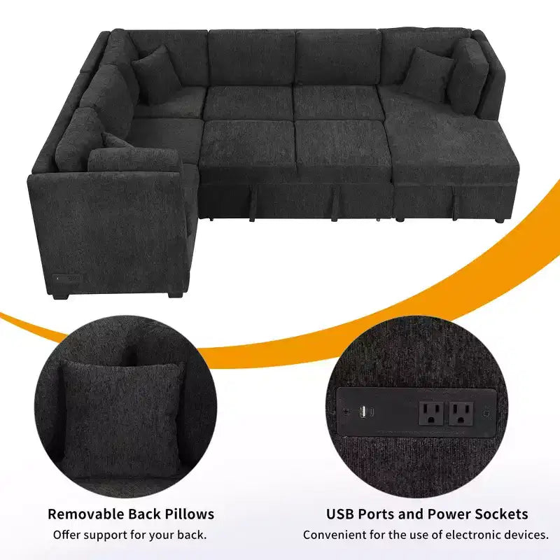 Divano Letto Sezionale a U Whisen 108.6 con Porte USB, Prese di Corrente e Contenitore