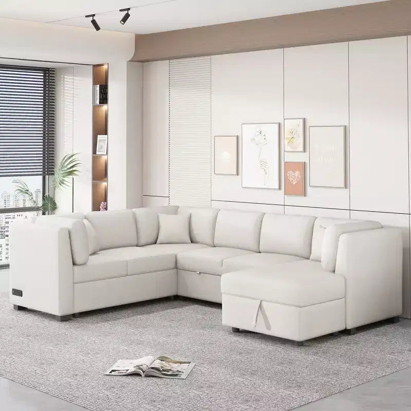 Divano Letto Sezionale a U Whisen 108.6 con Porte USB, Prese di Corrente e Contenitore