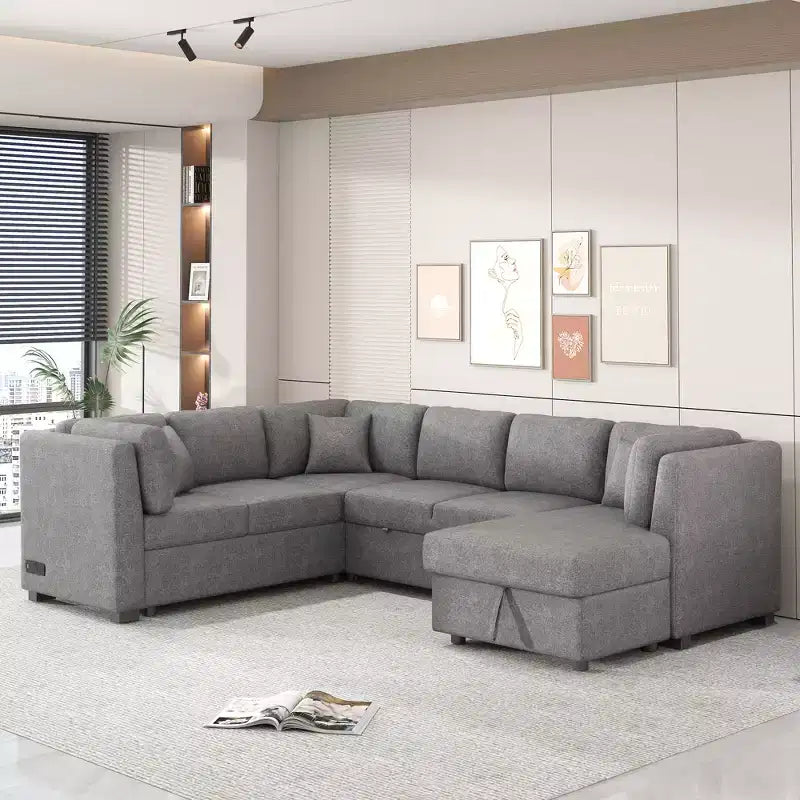 Divano Letto Sezionale a U Whisen 108.6 con Porte USB, Prese di Corrente e Contenitore