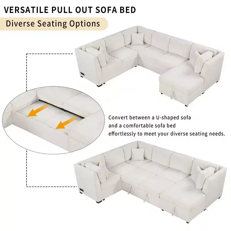 Divano Letto Sezionale a U Whisen 108.6 con Porte USB, Prese di Corrente e Contenitore