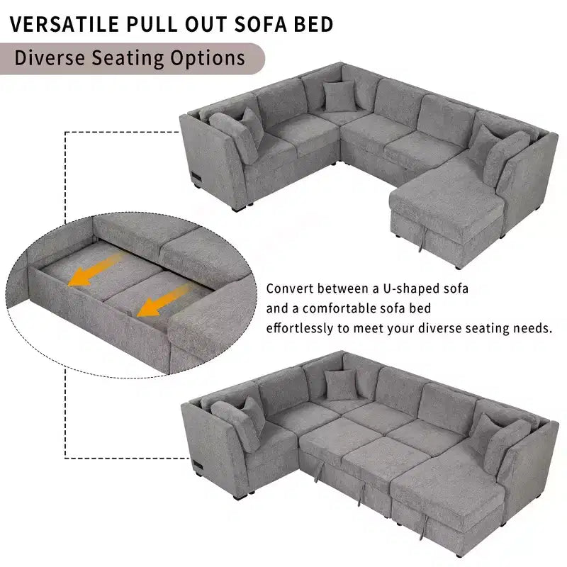 Divano Letto Sezionale a U Whisen 108.6 con Porte USB, Prese di Corrente e Contenitore