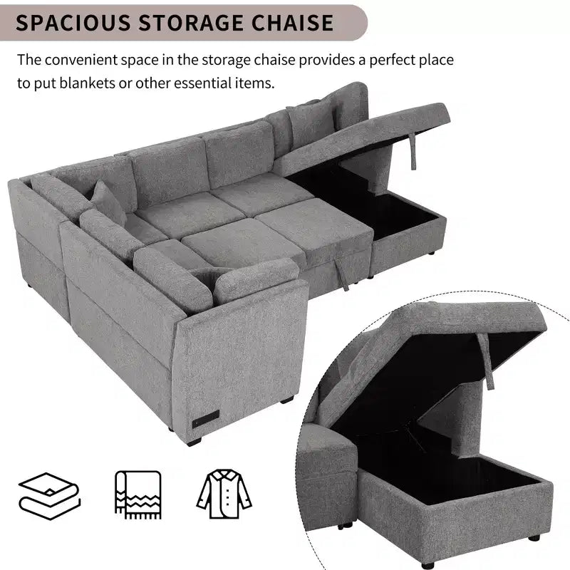 Divano Letto Sezionale a U Whisen 108.6 con Porte USB, Prese di Corrente e Contenitore