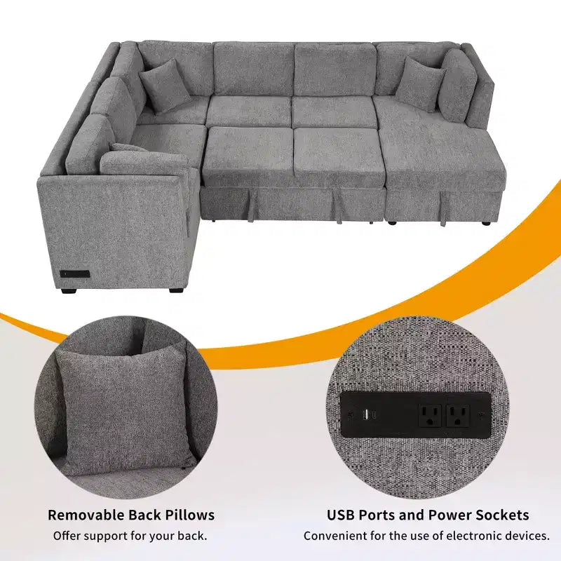 Divano Letto Sezionale a U Whisen 108.6 con Porte USB, Prese di Corrente e Contenitore