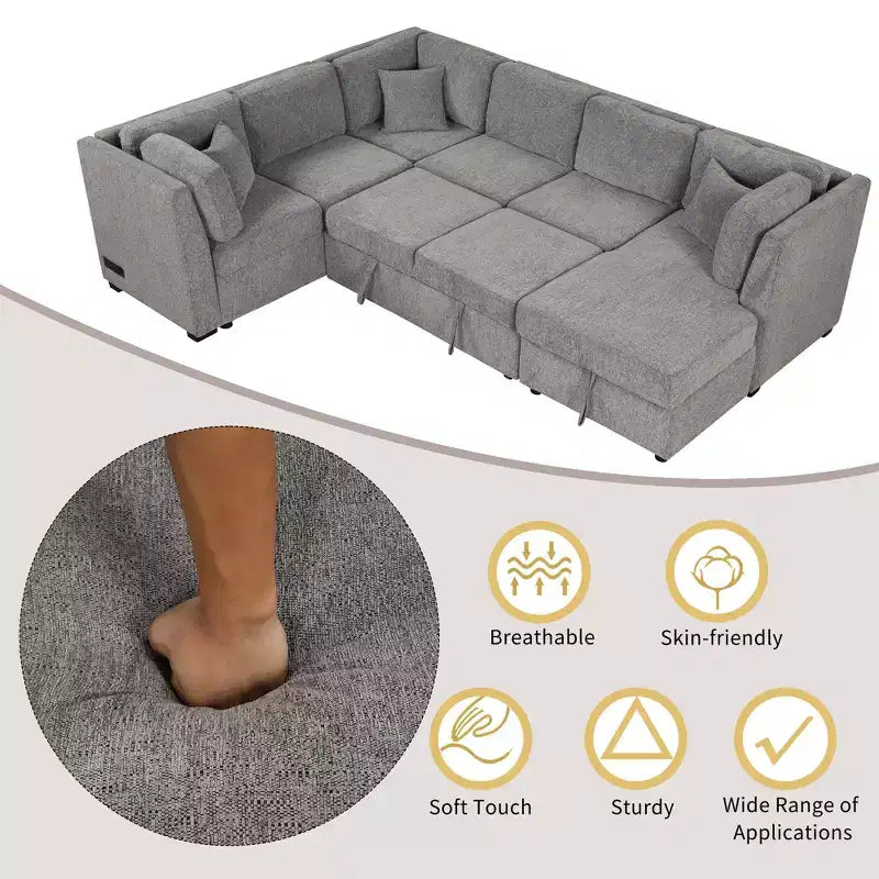 Divano Letto Sezionale a U Whisen 108.6 con Porte USB, Prese di Corrente e Contenitore