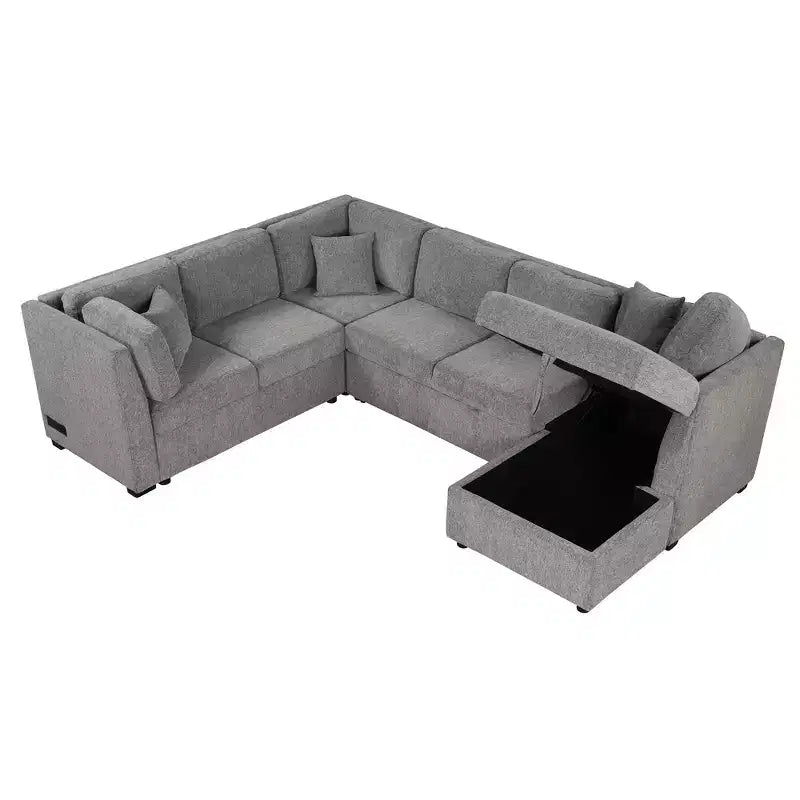 Divano Letto Sezionale a U Whisen 108.6 con Porte USB, Prese di Corrente e Contenitore