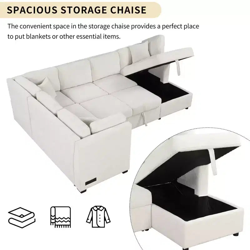 Divano Letto Sezionale a U Whisen 108.6 con Porte USB, Prese di Corrente e Contenitore