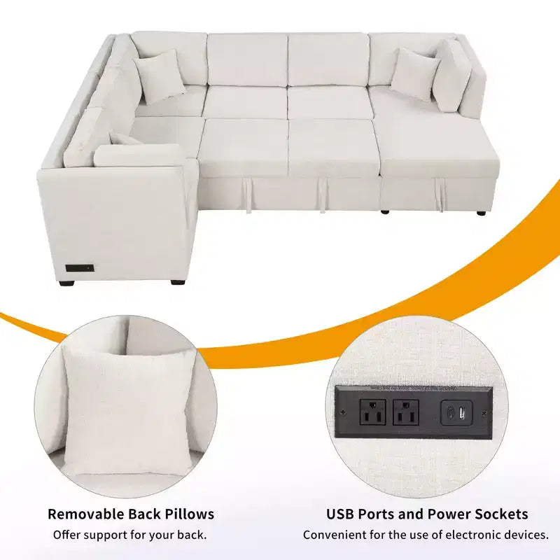 Divano Letto Sezionale a U Whisen 108.6 con Porte USB, Prese di Corrente e Contenitore