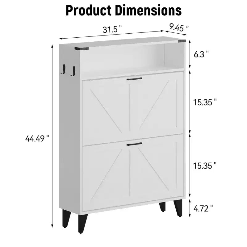 Scarpiera Indipendente a 2 Cassetti a Ribalta, Scarpiera con Ante Frontali e Ripiano Regolabile, Gambe in Metallo per Ingresso 31,5 P x 9,45 L x 44,49 A