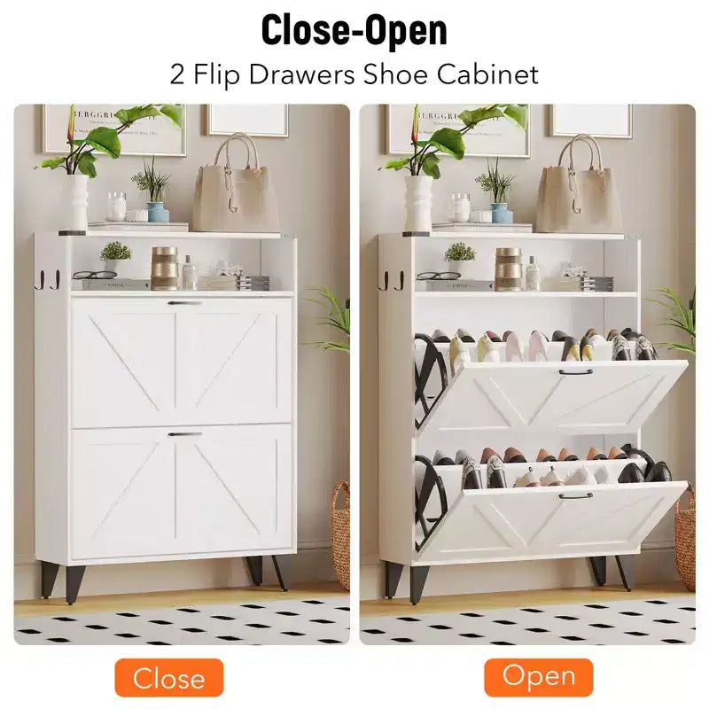 Scarpiera Indipendente a 2 Cassetti a Ribalta, Scarpiera con Ante Frontali e Ripiano Regolabile, Gambe in Metallo per Ingresso 31,5 P x 9,45 L x 44,49 A