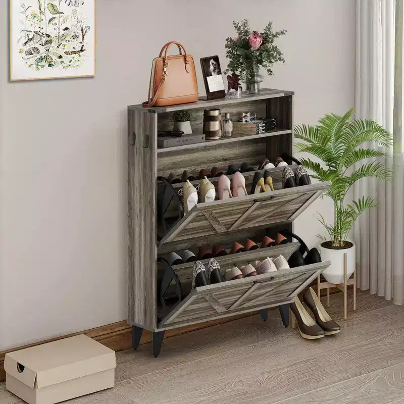 Scarpiera Indipendente a 2 Cassetti a Ribalta, Scarpiera con Ante Frontali e Ripiano Regolabile, Gambe in Metallo per Ingresso 31,5 P x 9,45 L x 44,49 A
