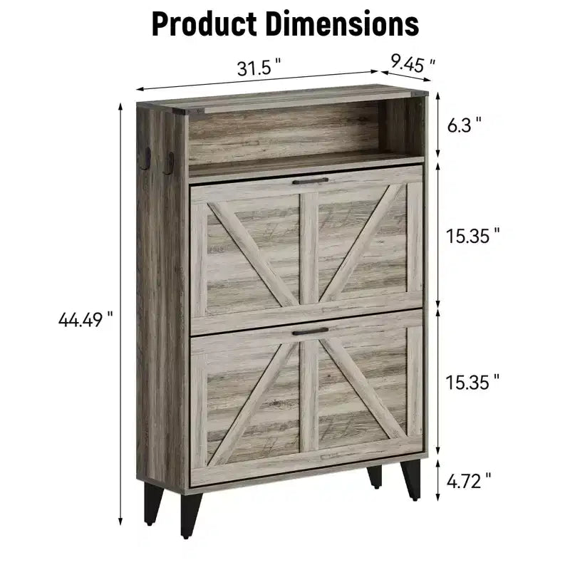 Scarpiera Indipendente a 2 Cassetti a Ribalta, Scarpiera con Ante Frontali e Ripiano Regolabile, Gambe in Metallo per Ingresso 31,5 P x 9,45 L x 44,49 A