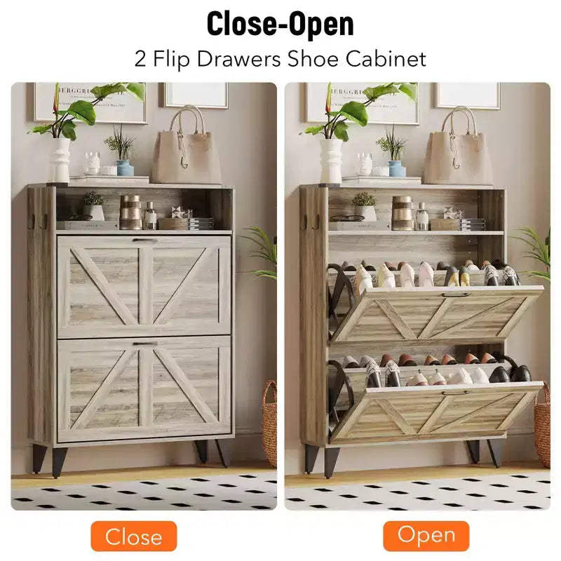 Scarpiera Indipendente a 2 Cassetti a Ribalta, Scarpiera con Ante Frontali e Ripiano Regolabile, Gambe in Metallo per Ingresso 31,5 P x 9,45 L x 44,49 A