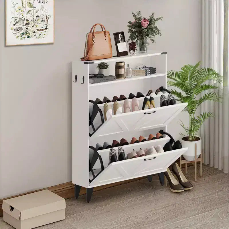 Scarpiera Indipendente a 2 Cassetti a Ribalta, Scarpiera con Ante Frontali e Ripiano Regolabile, Gambe in Metallo per Ingresso 31,5 P x 9,45 L x 44,49 A
