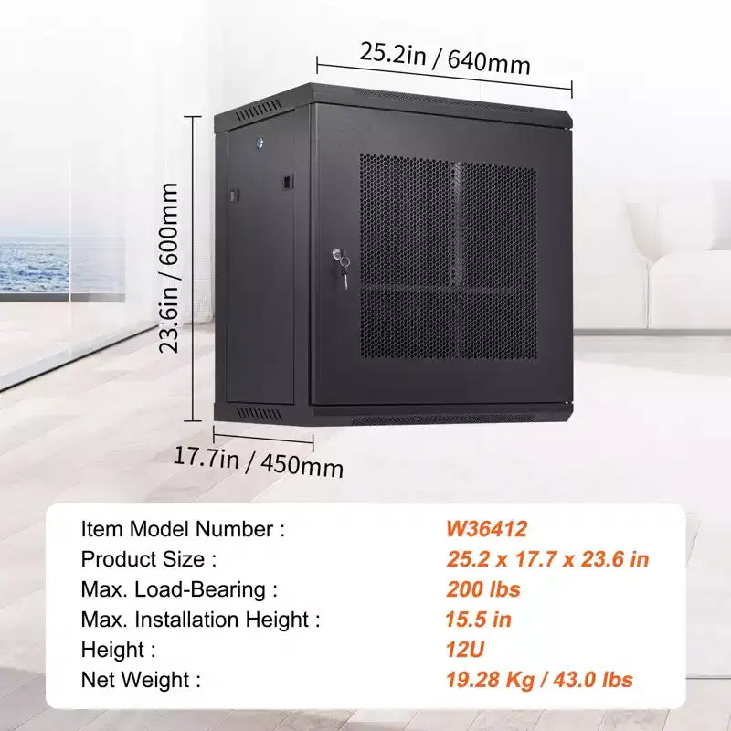 Armadio rack server VEVOR 12U per montaggio a parete, profondità 15,5'', box rack di rete, supporta fino a 90 kg, sistema di bloccaggio sicuro, ideale per hardware IT