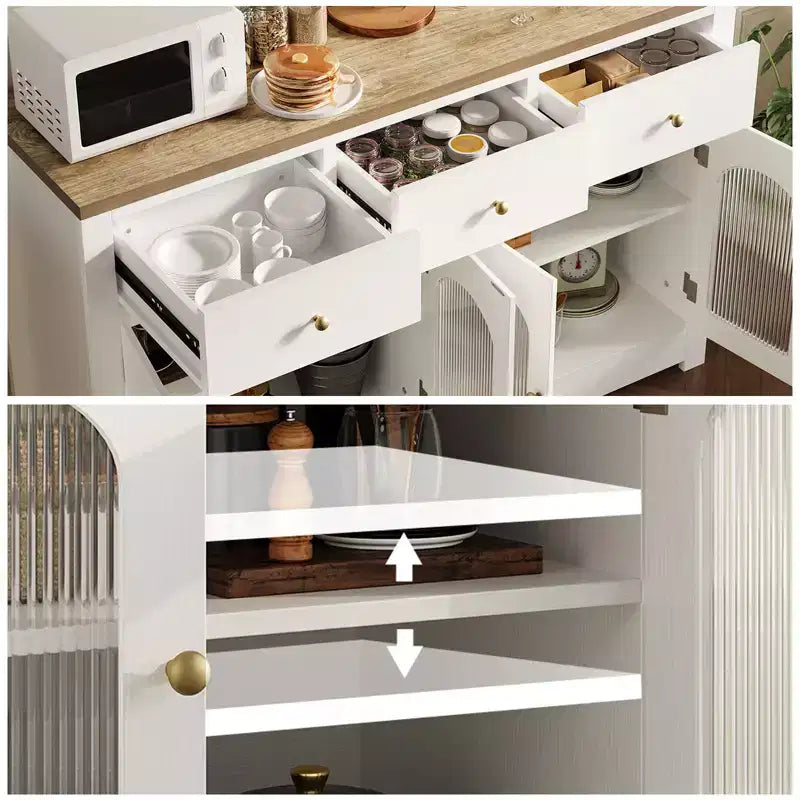 Credenza da fattoria da 55 pollici, grande mobile stretto in legno per sala da pranzo, soggiorno, angolo caffè con cassetti e 4 ante