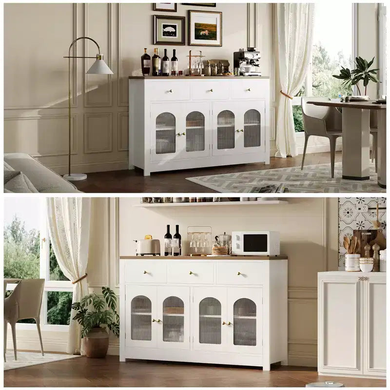 Credenza da fattoria da 55 pollici, grande mobile stretto in legno per sala da pranzo, soggiorno, angolo caffè con cassetti e 4 ante
