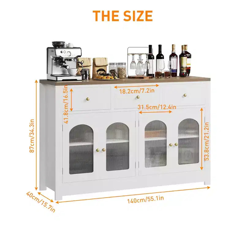 Credenza da fattoria da 55 pollici, grande mobile stretto in legno per sala da pranzo, soggiorno, angolo caffè con cassetti e 4 ante