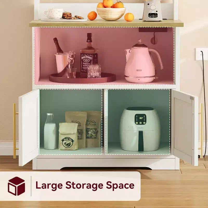 Scaffale da Panettiere con Contenitore - Supporto per Microonde con Prese di Corrente, con Piano Spesso, Scaffale da Panettiere Rustico per Cucina, Sala da Pranzo