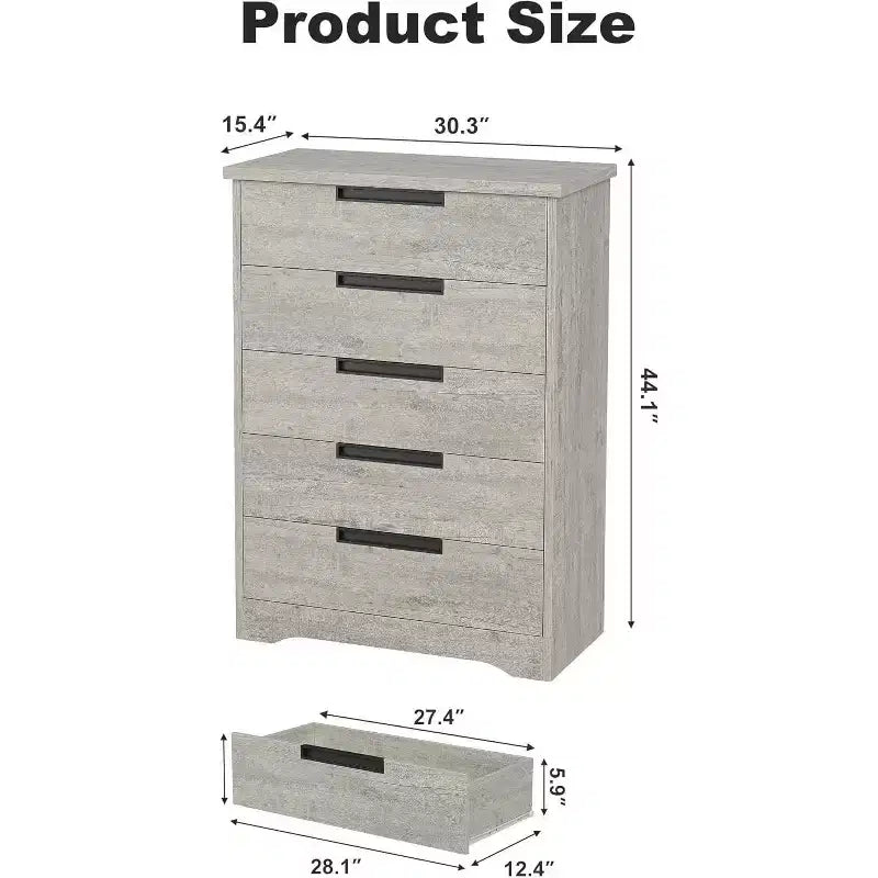 Comò a 5 cassetti in legno per camera da letto, cassettiera moderna grigia con maniglie a incasso, organizer per soggiorno, cameretta, corridoio o ingresso