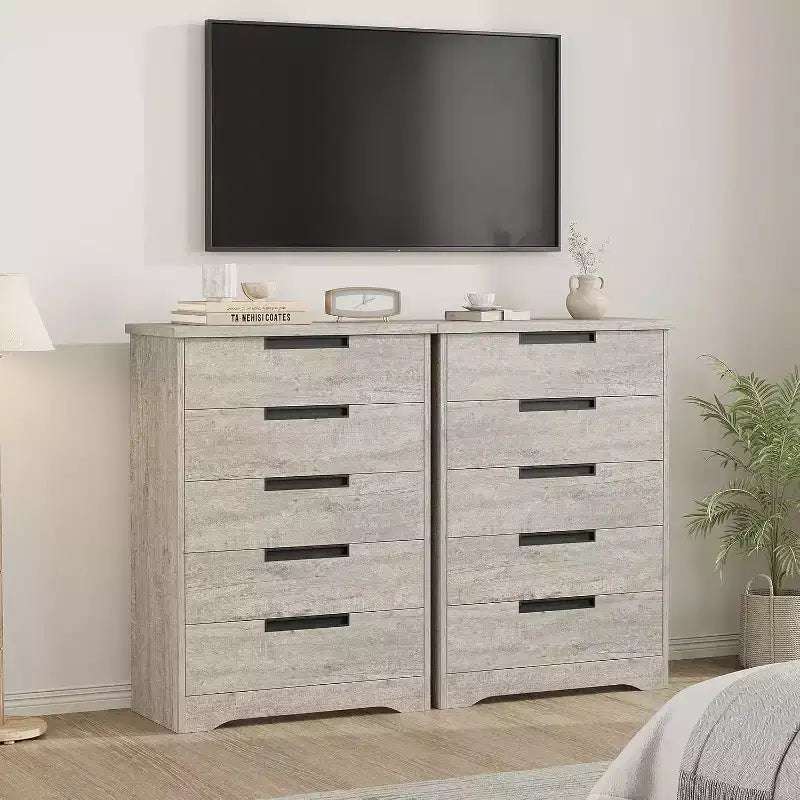 Comò a 5 cassetti in legno per camera da letto, cassettiera moderna grigia con maniglie a incasso, organizer per soggiorno, cameretta, corridoio o ingresso
